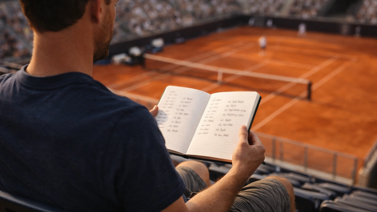 Muž s poznámkovým blokem sleduje tenisový zápas z tribuny