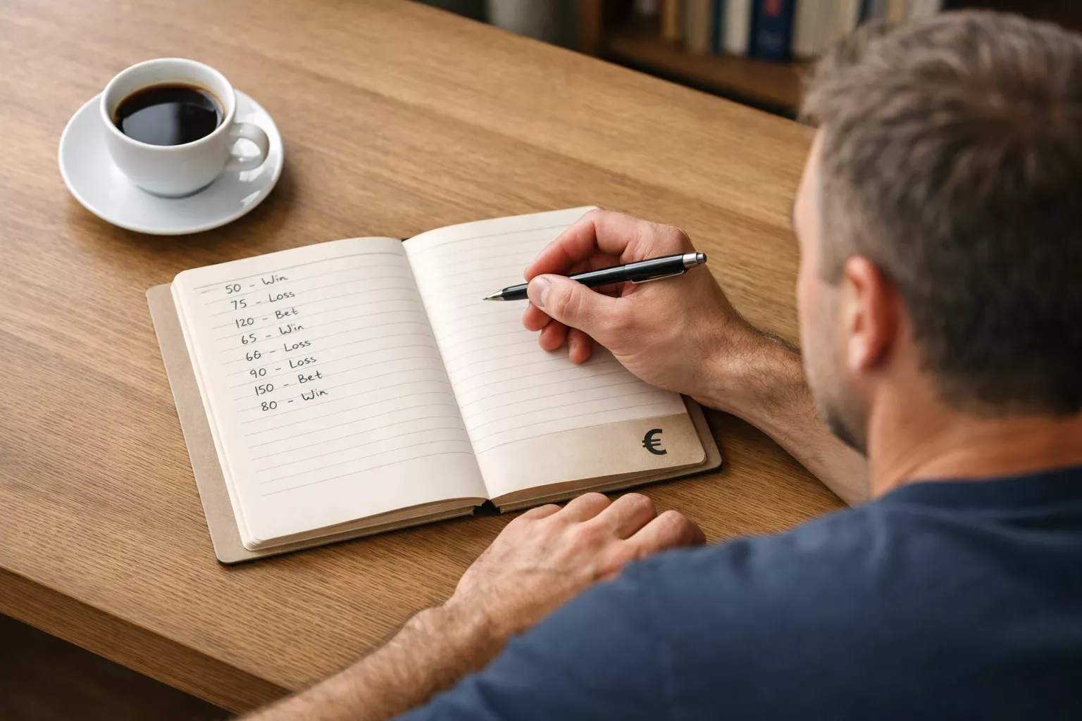 Muž u stolu s otevřeným poznámkovým blokem a symbolem eura plánuje rozpočet