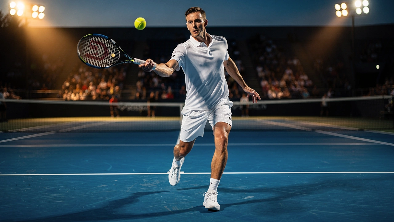 Tenisový hráč při úderu na osvětleném kurtu během živého zápasu