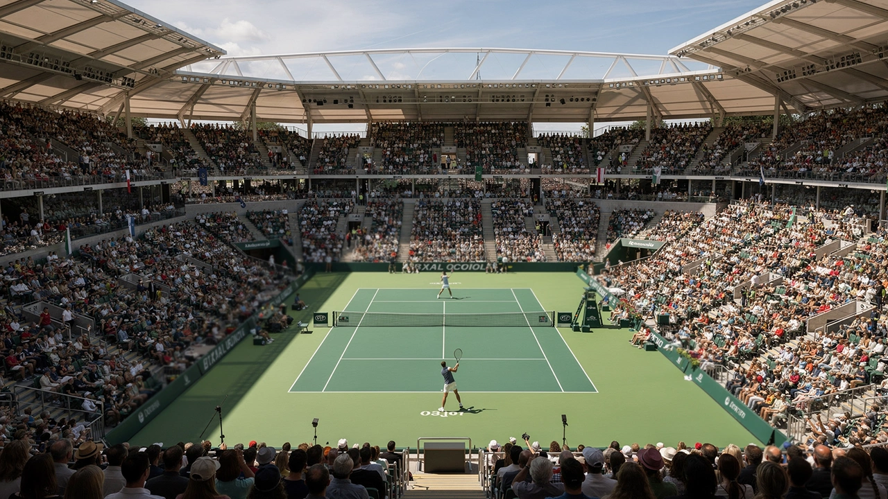 Zaplněný centrální tenisový kurt během grandslamu za denního světla