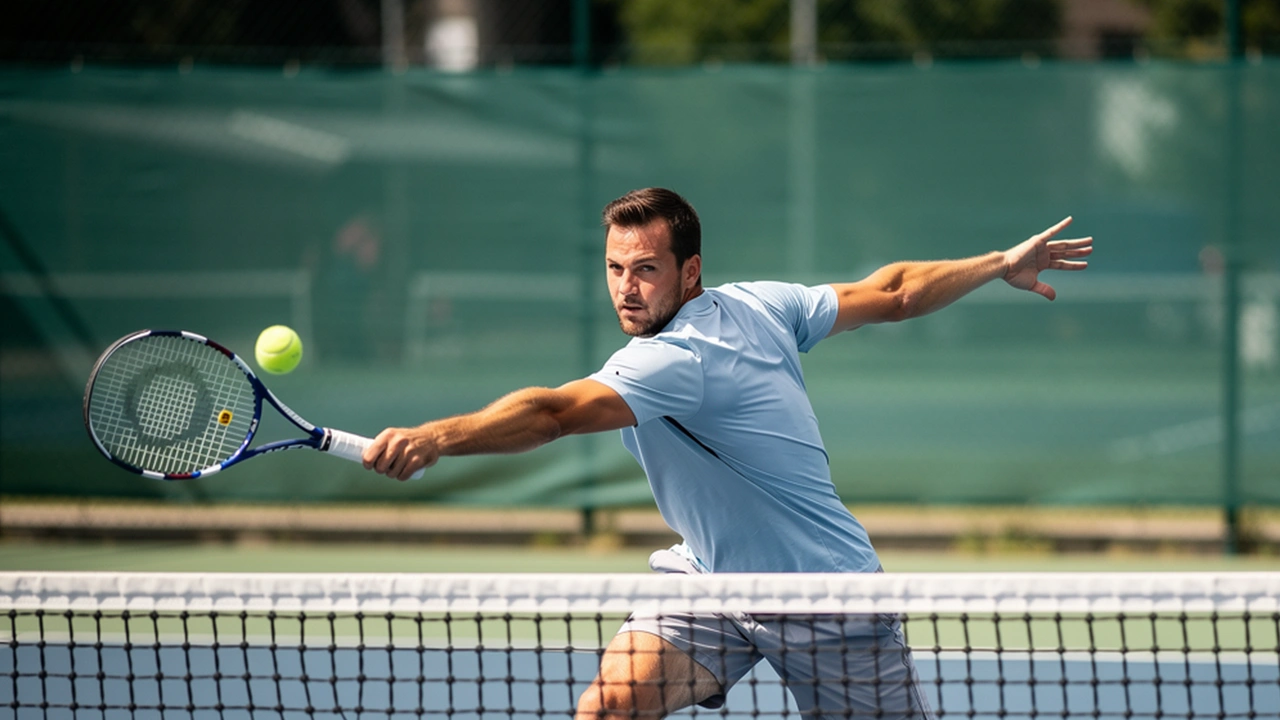 Tenisový kurt s hráčem u sítě při intenzivní výměně na tvrdém povrchu